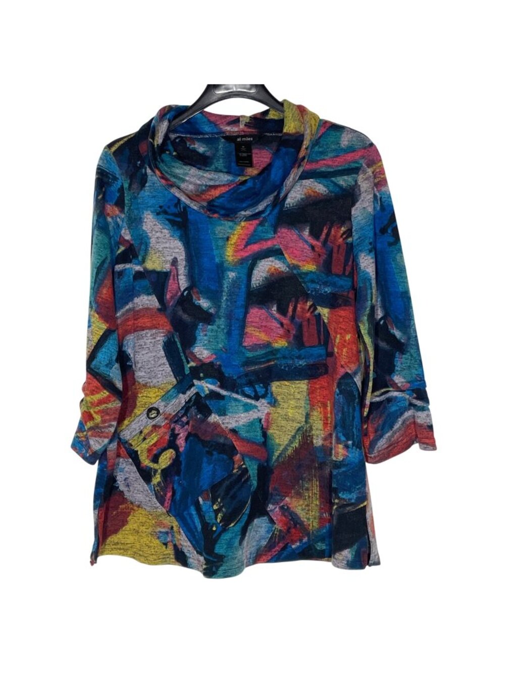 Ali Miles Graffiti Paint Stroke Asymmetrical Pocket Cowl Neck Top Sz MED Artsy